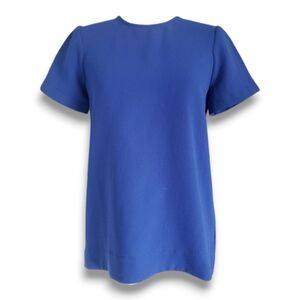 Madewell Blue Boxy Crepe Textured Short Sleeve Blouse, Box Pleat Hi Low 👕